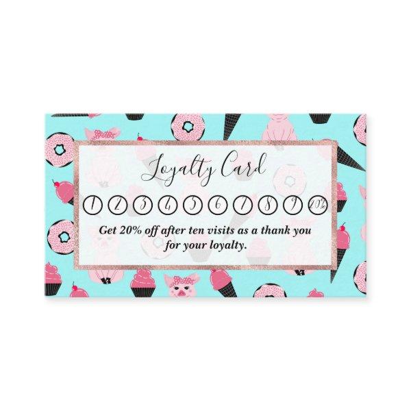 Cute Pink Mint Piggy Donut Ice Cream Cone Pattern Loyalty Card