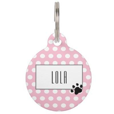 Cute pink polka dot paw print pet ID tag