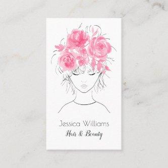 Cute pretty girl with pink watercolor roses-Floral Appointment Card