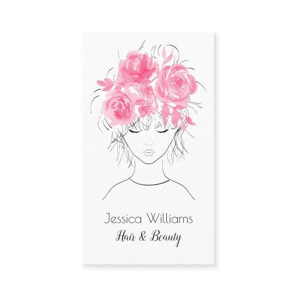 Cute pretty girl with pink watercolor roses-Floral Appointment Card