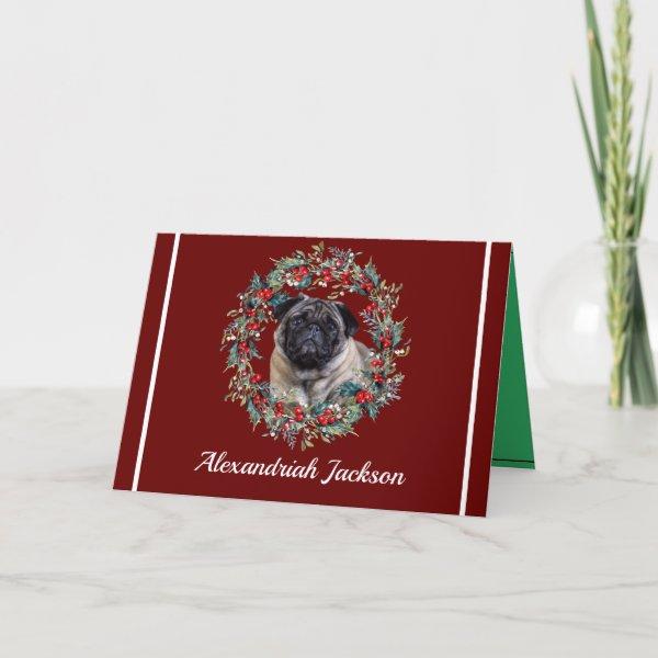 Cute Pug Dog Christmas wreath Holiday burgundy red