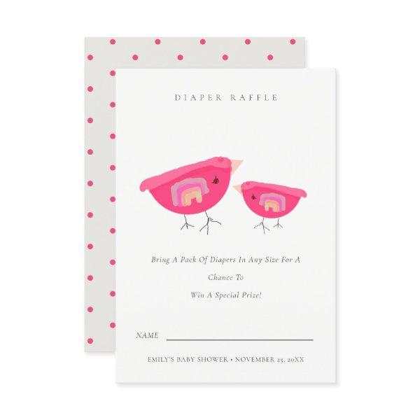 Cute Rainbow Pink Birdy Diaper Raffle Baby Shower Enclosure Card