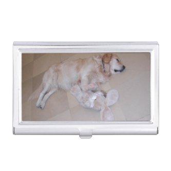Cute Sleeping Golden Retriever  With Toy Rabbit  Holder