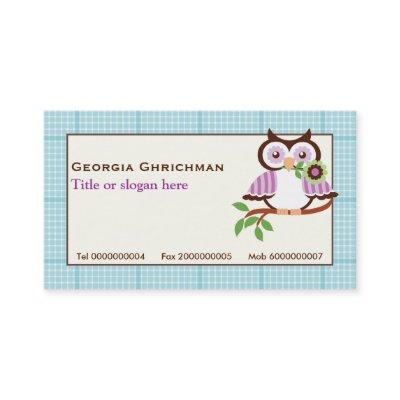 Cute spring owl on a branch, blue plaid border