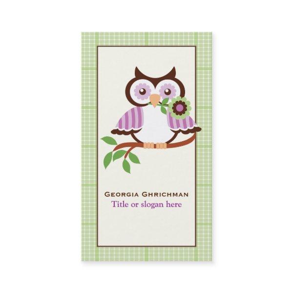 Cute spring owl on a branch, green plaid border