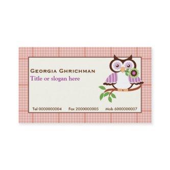 Cute spring owl on a branch, orange plaid border