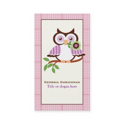 Cute spring owl on a branch, pink plaid border