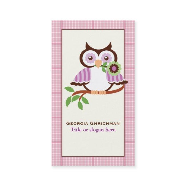 Cute spring owl on a branch, pink plaid border