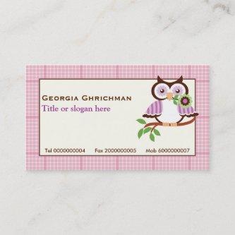 Cute spring owl on a branch, pink plaid border