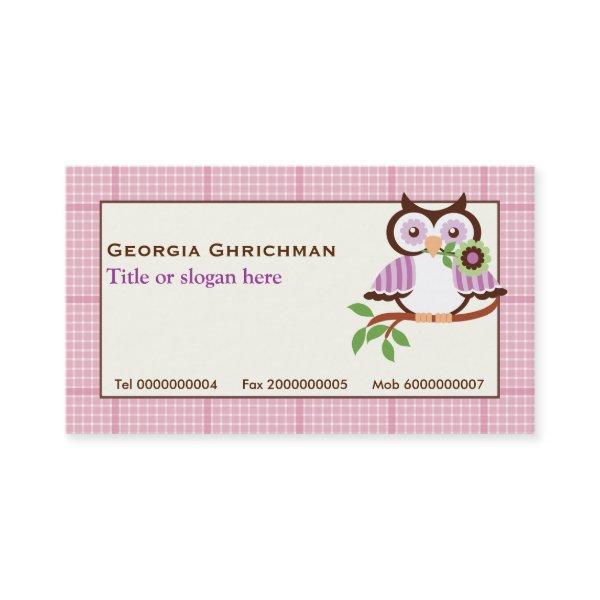 Cute spring owl on a branch, pink plaid border