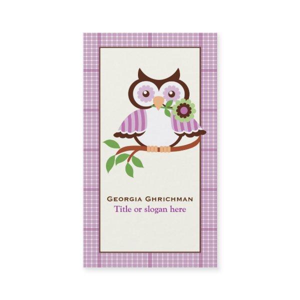 Cute spring owl on a branch, purple plaid border