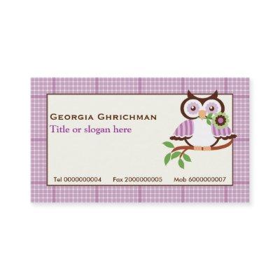 Cute spring owl on a branch, purple plaid border