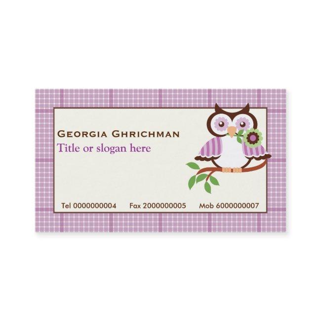 Cute spring owl on a branch, purple plaid border