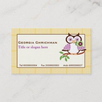 Cute spring owl on a branch, yellow plaid border