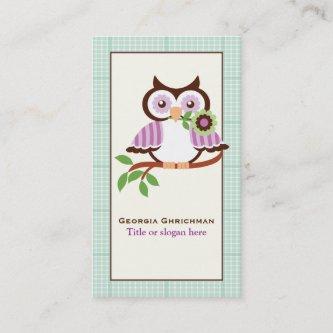 Cute spring owl  with mint green plaid border