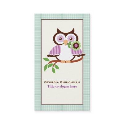 Cute spring owl  with mint green plaid border