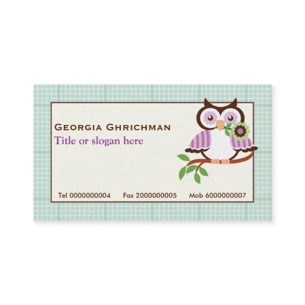 Cute spring owl  with mint green plaid border