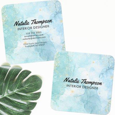 Cute Teal Blue Gold Glitter Watercolor Modern Square