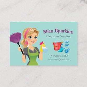 Cute Teal Cartoon Maid House Cleaning Services