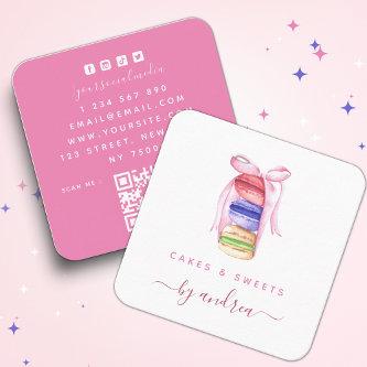 Cute Watercolor Macarons & Pink Ribbon QR Code Squ Square