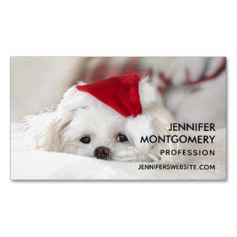 Cute White Dog in a Red Christmas Hat  Magnet