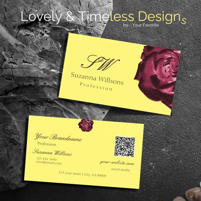 Cute Wine Red Rose Plain Yellow Initials QR Code