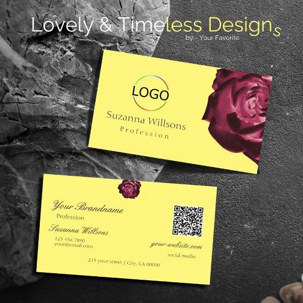 Cute Wine Red Rose Plain Yellow Logo and QR Code