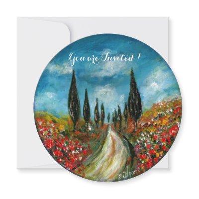 CYPRESS TREES AND POPPIES IN TUSCANY, red blue Invitation