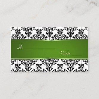 Damask black, white and green Wedding Place card