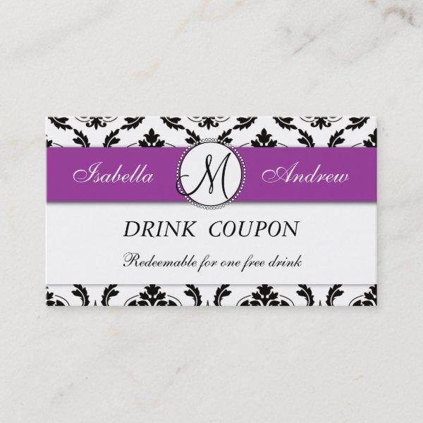 Damask Purple Wedding Free Drink Coupon Card