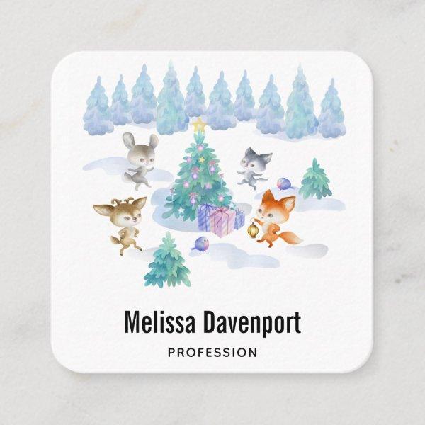 Dancing Forest Animals Christmas Watercolor Square