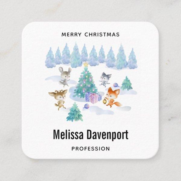 Dancing Forest Animals Christmas Watercolor Square