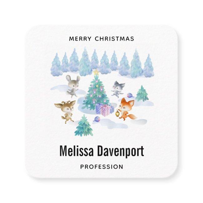 Dancing Forest Animals Christmas Watercolor Square