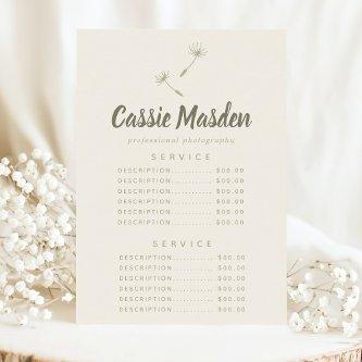 Dandelion Seed Rustic Botanical Service Price Menu