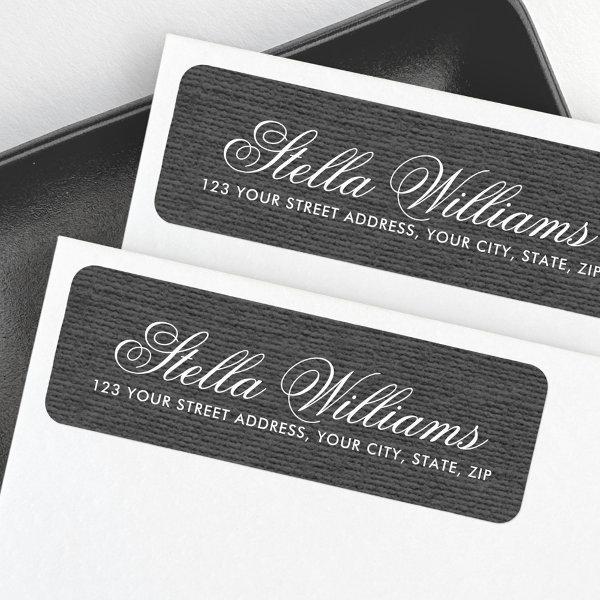 Dark gray linen romantic script return address label