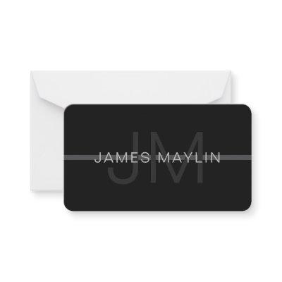 Dark Grey Monogram, Name & Geometric Stripe Note Card