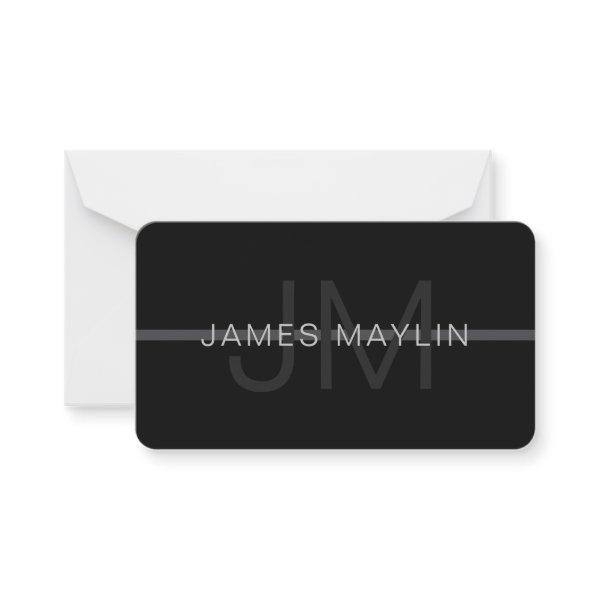 Dark Grey Monogram, Name & Geometric Stripe Note Card