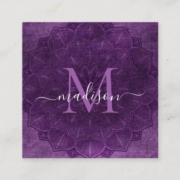 Dark Purple Mandala Lotus Flower Monogram Script Square