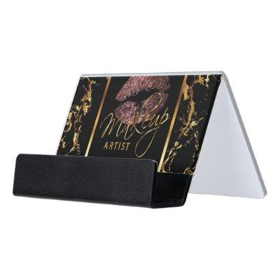 Dark Rose Glitter Lips on Gold & Black Marble Desk  Holder