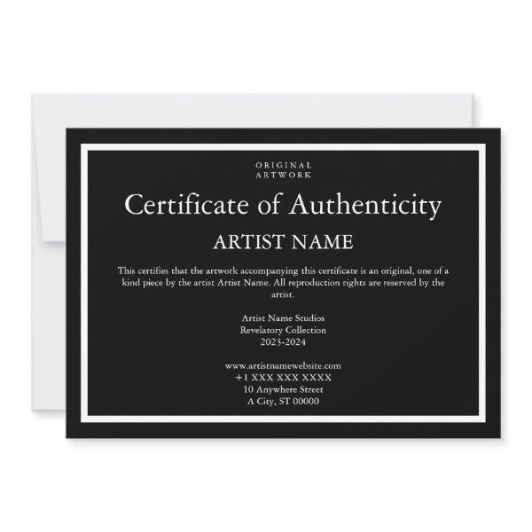 Dark Theme Certificate of Authenticity for Art Holiday Card