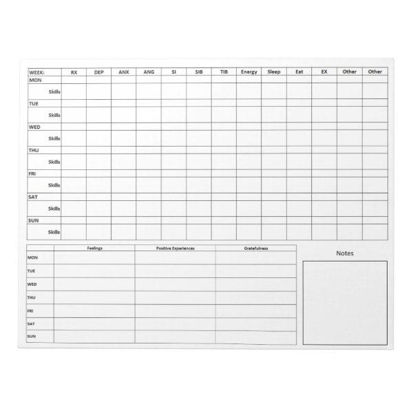 DBT Standard Diary Card Front - Back Notepad
