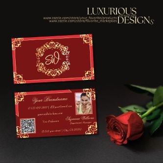 Deep Red Golden Ornate Monogram Photo QR Code