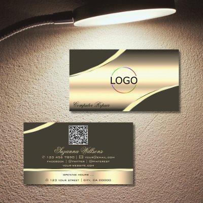 Deluxe Gold Brown Curved Decor Lines Logo QR Code