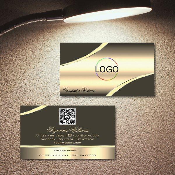 Deluxe Gold Brown Curved Decor Lines Logo QR Code
