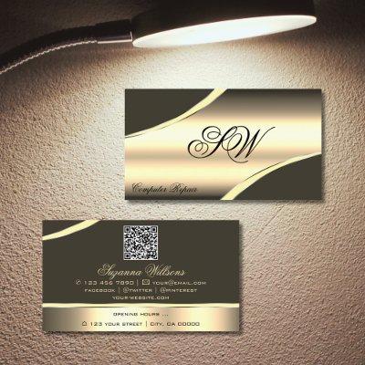 Deluxe Gold Brown Curved Lines Monogram QR Code