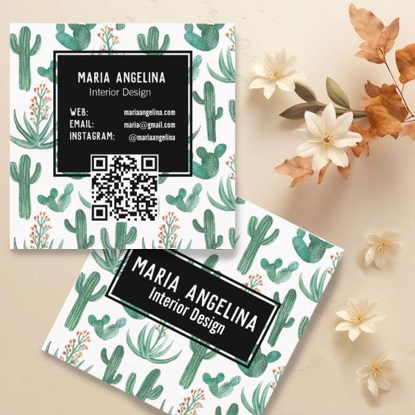 Desert Cactus and Succulents Watercolor QR Code Square