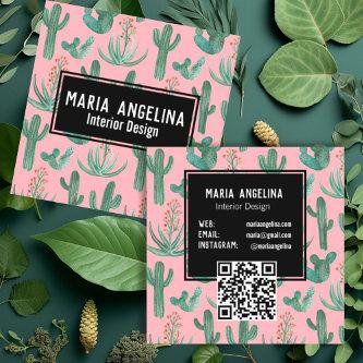 Desert Cactus & Succulents Watercolor QR Code Pink Square