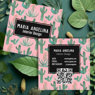 Desert Cactus & Succulents Watercolor QR Code Pink Square