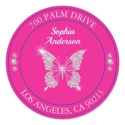 Diamond Butterfly, Fuchsia, Name & Return Address Classic Round Sticker