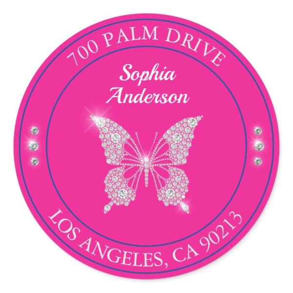 Diamond Butterfly, Fuchsia, Name & Return Address Classic Round Sticker